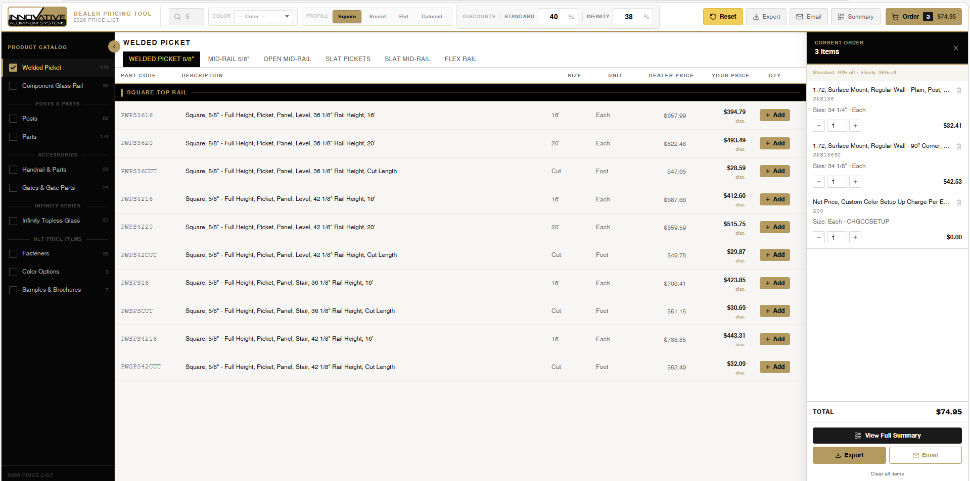 IAS dealer pricing after: a filterable product catalog with live discount logic and order export