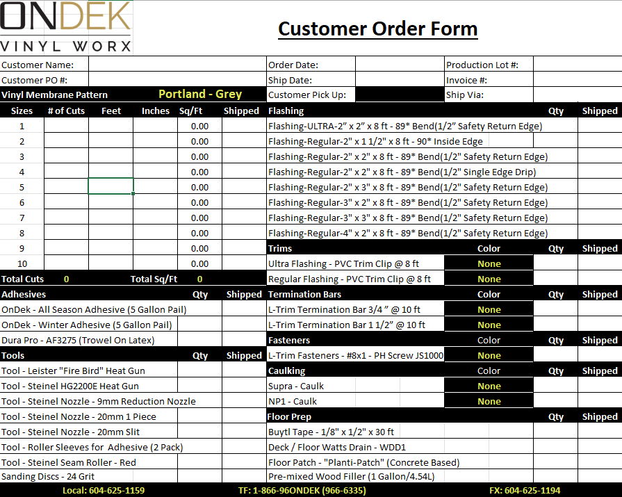 OnDek order form before: a printed Excel sheet with manual product and quantity columns