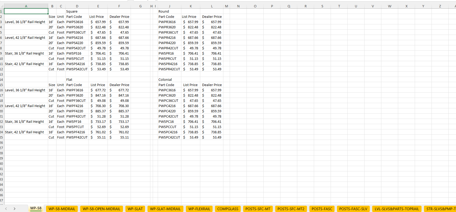 Dealer pricing before: a multi-tab Excel workbook with manual price columns