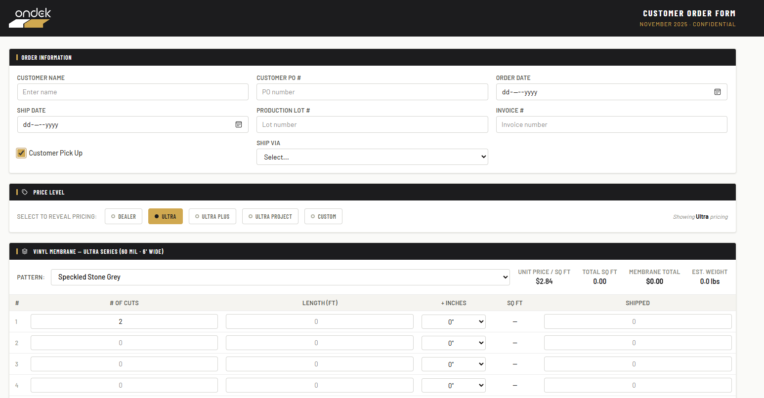 Order form after: a web-based order form with price tiers, pattern selector, and live totals